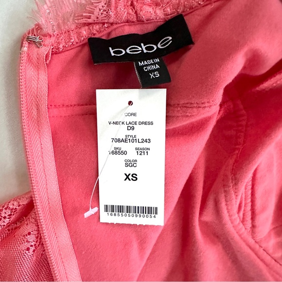 NWT BEBE Y2K CORAL PINK LACE OVERLAY DEEP V CORSET SEXY BODYCON MINI DRESS SzXS - Picture 9 of 12
